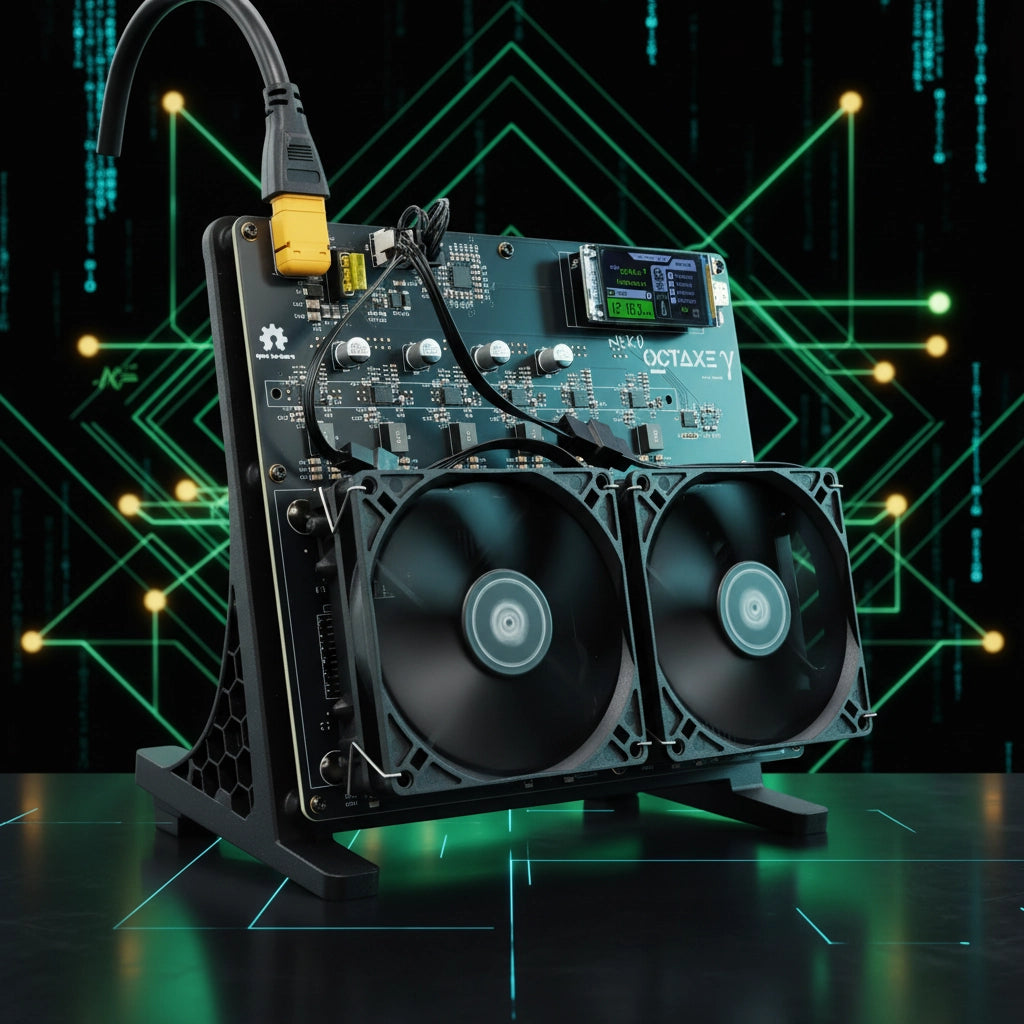 Electronic device with fans and a display on a futuristic background