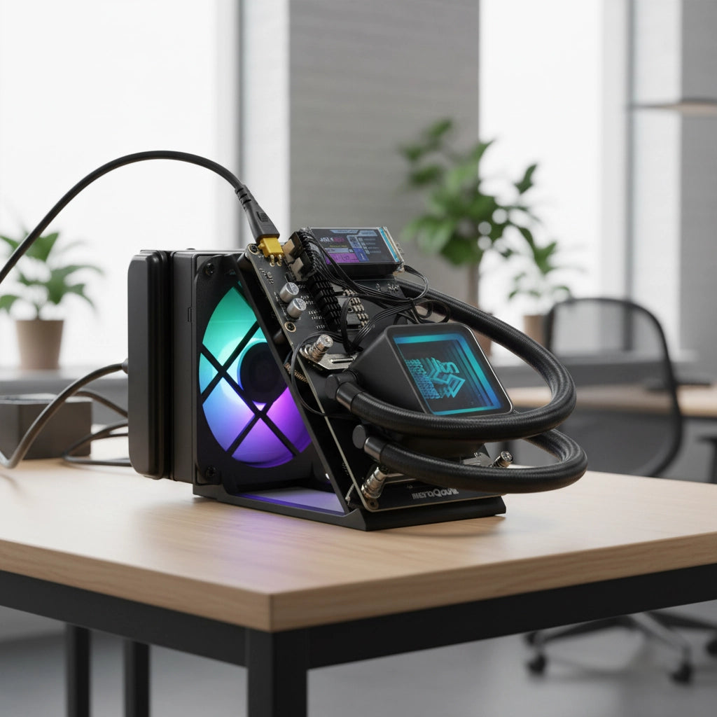 Computer hardware setup on a desk with a blurred office background